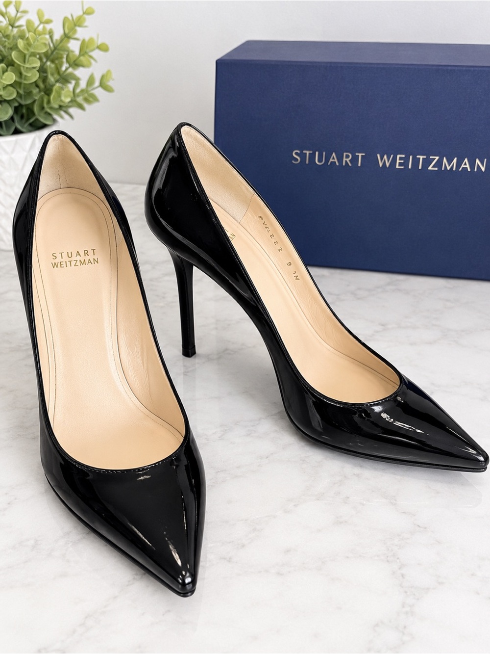 Stuart Weitzman Black Patent Pointed-Toe Pumps